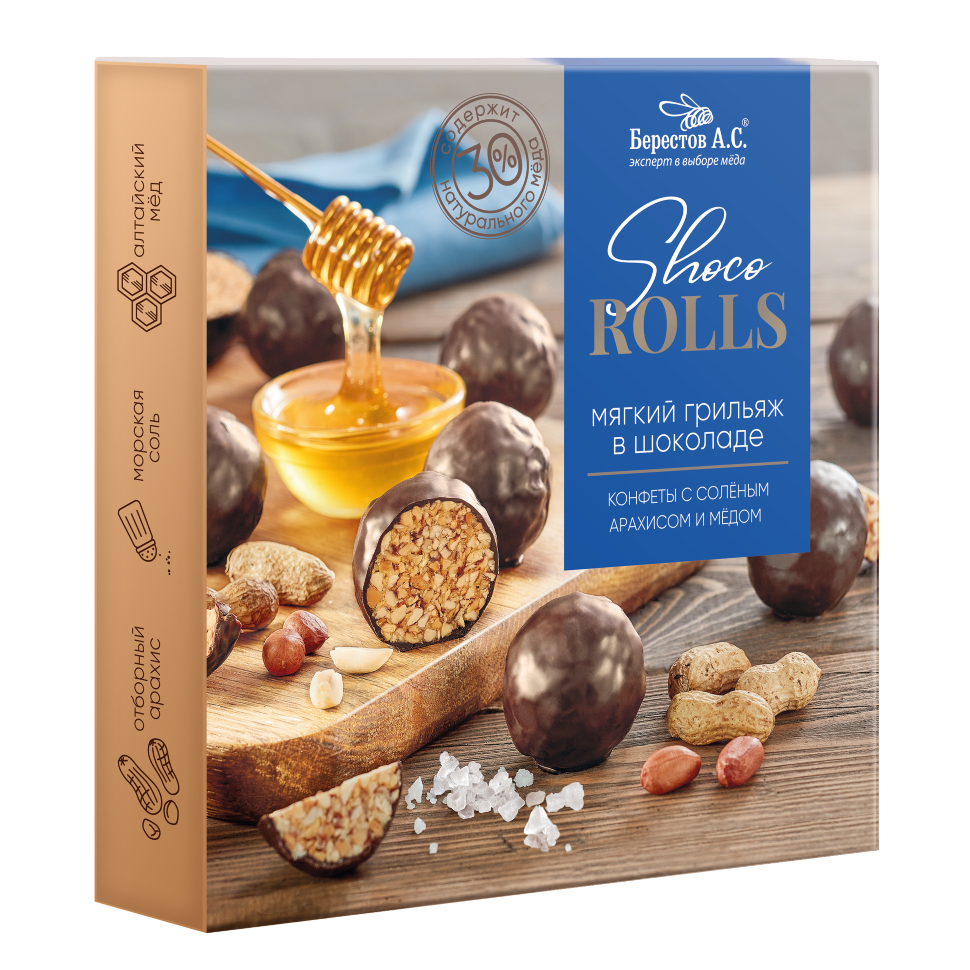  Берестов Shoco Rolls конфеты с арахисом, солью и медом, 135г   в Челябинске